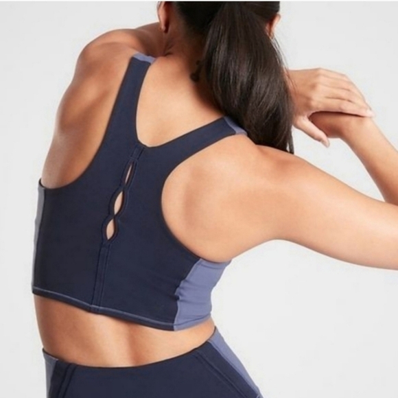 Athleta Conscious Crop Blue High Neck Racerback Cut Out Powervita Sports Bra - Picture 1 of 6